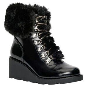 NEW INC Hannia Padded Insole Lace‎ Up Booties Patent Black Size 6.5